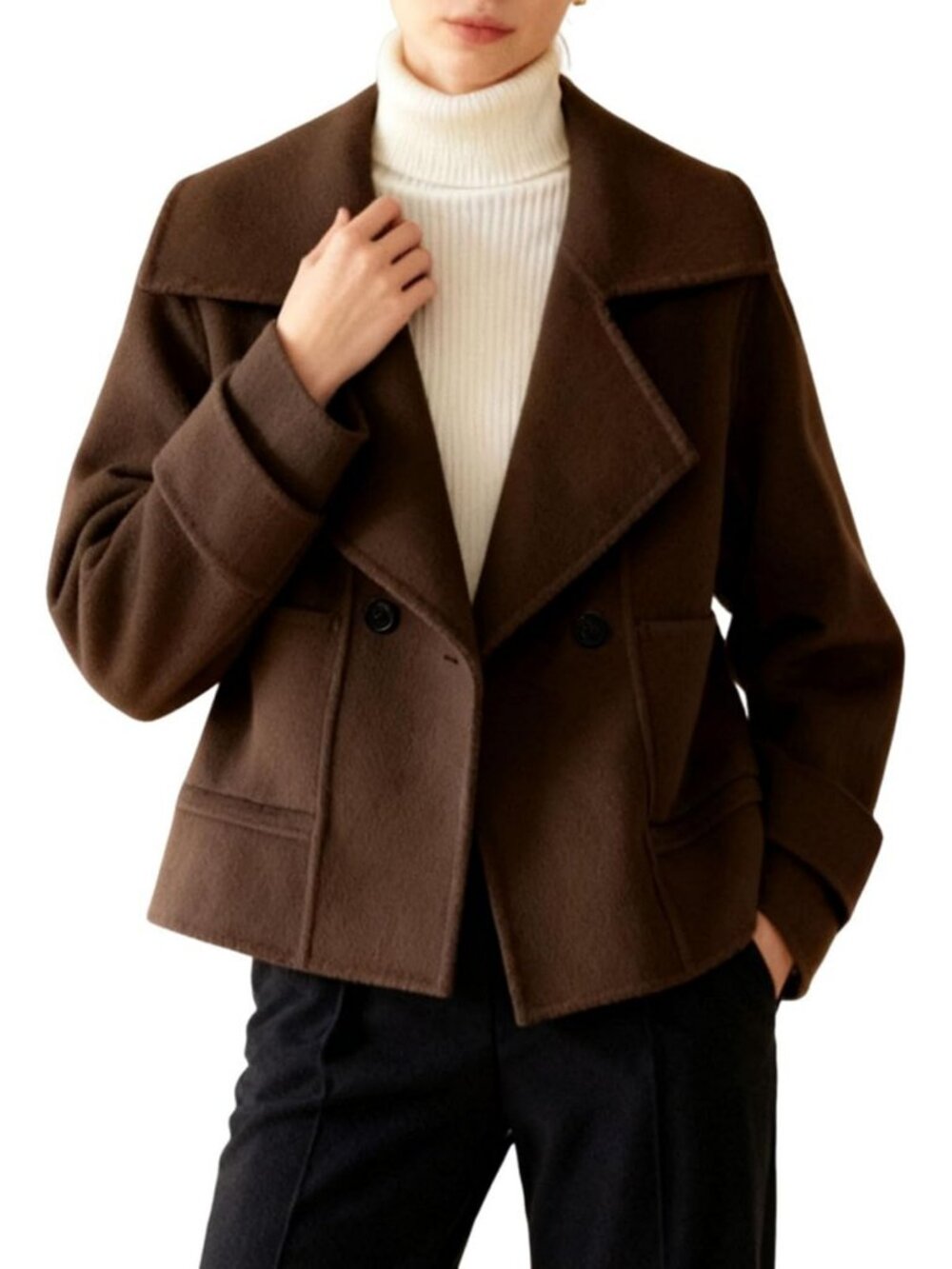 Chic Women's Short Wool Pea Coat with Notched Lapel, Cropped Design & Pockets